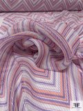 Chevron Printed Silk Chiffon with Silver Lurex Pinstripes - Violet / Coral-Pink / Off-White