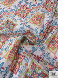 Ornate Vines and Clovers Printed Silk Chiffon with Silver Lurex Pinstripes - Teal / Lime / Coral / Berry Red / Off-White