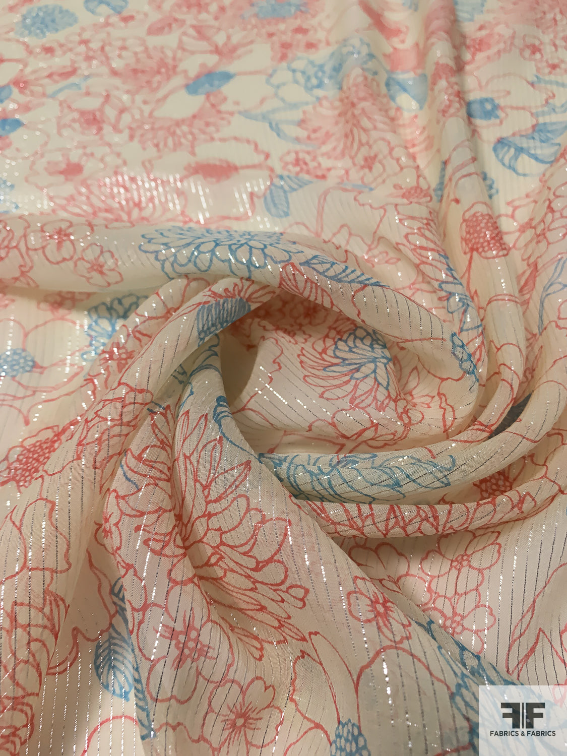 Floral Sketch Printed Silk Chiffon with Silver Lurex Pinstripes - Pastel Creamy Yellow / Deep Coral / Turquoise