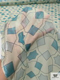 Geometric Links Printed Silk Chiffon with Silver Lurex Pinstripes - Pale Pastel Yellow / Turquoise / Sky Blue
