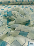 Geometric Links Printed Silk Chiffon with Silver Lurex Pinstripes - Pale Pastel Yellow / Turquoise / Sky Blue