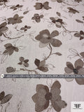 Ethereal Floral Printed Silk Chiffon with Gold Lurex Pinstripes - Brown / Off-White