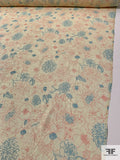 Floral Sketch Printed Silk Chiffon with Gold Lurex Pinstripes - Pale Pastel Yellow / Deep Coral / Turquoise
