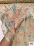 Floral Sketch Printed Silk Chiffon with Gold Lurex Pinstripes - Pale Pastel Yellow / Deep Coral / Turquoise