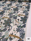 Groovy Flowers and Rings Printed Silk Chiffon with Gold Lurex Pinstripes - Navy Blue / Sea Greens / Antique Gold