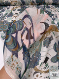 Groovy Flowers and Rings Printed Silk Chiffon with Gold Lurex Pinstripes - Navy Blue / Sea Greens / Antique Gold