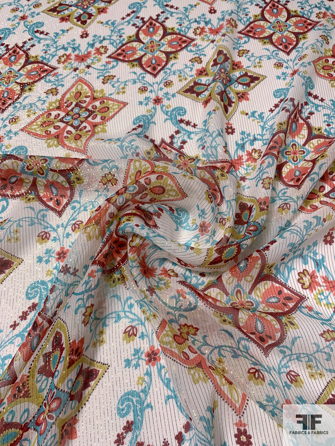 Floral Sketch Printed Silk Chiffon with Gold Lurex Pinstripes