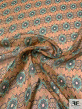 Mosaic Medallion Printed Silk Chiffon with Gold Lurex Pinstripes - Nude Brown / Aquamarine / Black / Olive