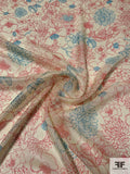 Floral Sketch Printed Silk Chiffon with Silver Lurex Pinstripes - Pastel Creamy Yellow / Deep Coral / Turquoise