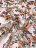 Realistic Floral Printed Silk Chiffon - Orange / Magenta / Greens / Off-White