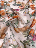 Realistic Floral Printed Silk Chiffon - Orange / Magenta / Greens / Off-White