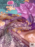 Floral Collage Printed Crinkled Silk Chiffon - Purple / Turquoise / Fuchsia / Orange