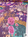 Floral Collage Printed Crinkled Silk Chiffon - Purple / Turquoise / Fuchsia / Orange