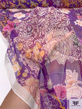 Floral Collage Printed Crinkled Silk Chiffon - Purple / Turquoise / Fuchsia / Orange