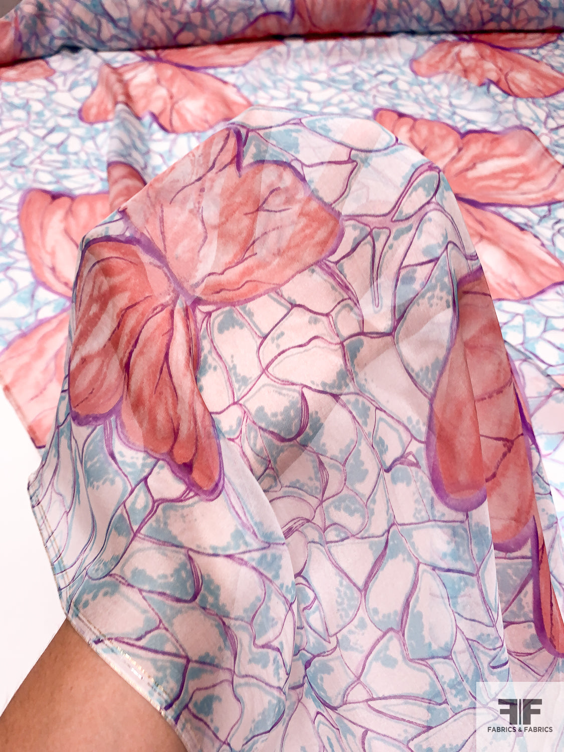 Bold Butterfly Printed Silk Chiffon - Peachy Coral / Purple / Aqua Blue
