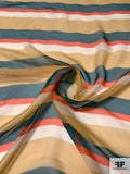 Italian Horizontal Striped Printed Fine Silk Chiffon - Orange / Muted Turmeric / Evergreen / Off-White