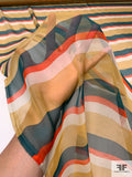 Italian Horizontal Striped Printed Fine Silk Chiffon - Orange / Muted Turmeric / Evergreen / Off-White