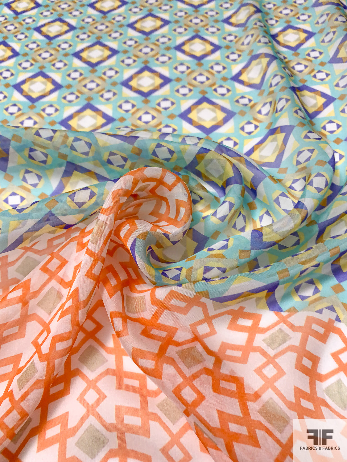 Italian Geometric Lattice Silk Chiffon Panel - Orange / Aquamarine / Tan / Purple / Green