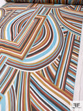 Italian Ethnic Lines Printed Crinkled Silk Chiffon - Orange / Brown / Marigold / Aqua Blue / Off-White