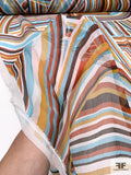 Italian Ethnic Lines Printed Crinkled Silk Chiffon - Orange / Brown / Marigold / Aqua Blue / Off-White
