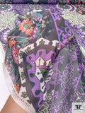 Ornate Floral Printed Silk Chiffon - Purple / Green / Orange / Black