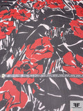 Italian Tropical Leaf Floral Printed Crinkled Silk Chiffon - Red / Black / Off-White