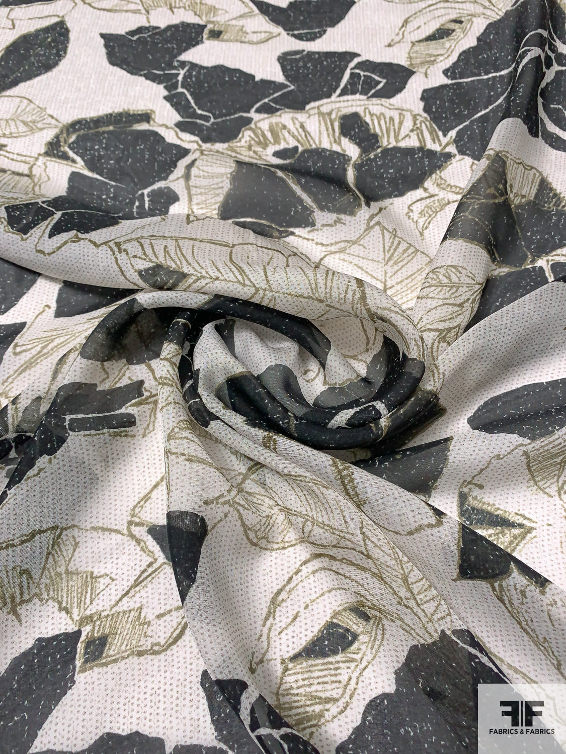 Italian Oversize Floral Graphic Printed Crinkled Silk Chiffon - Black /  White - Fabric by the Yard