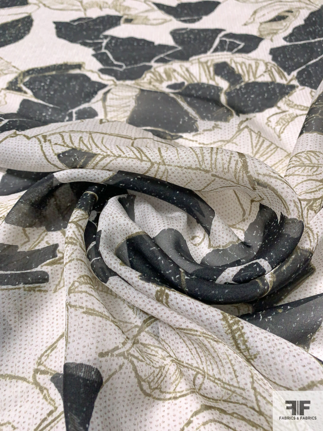 Italian Oversize Floral Graphic Printed Crinkled Silk Chiffon - Black /  White - Fabric by the Yard