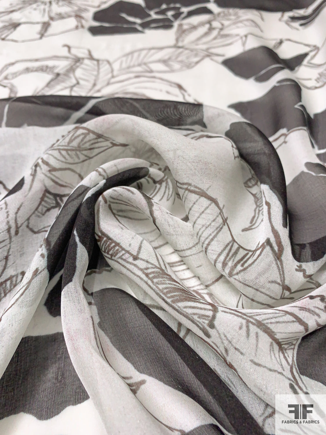 Italian Oversize Floral Graphic Printed Crinkled Silk Chiffon - Black /  White - Fabric by the Yard