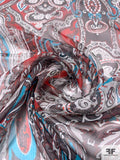 Paisley Printed Crinkled Silk Chiffon - Turquoise / Brown / Red / Off-White