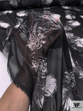 Italian Floating Feathers Sketch Printed Silk Chiffon - Black / Off-White