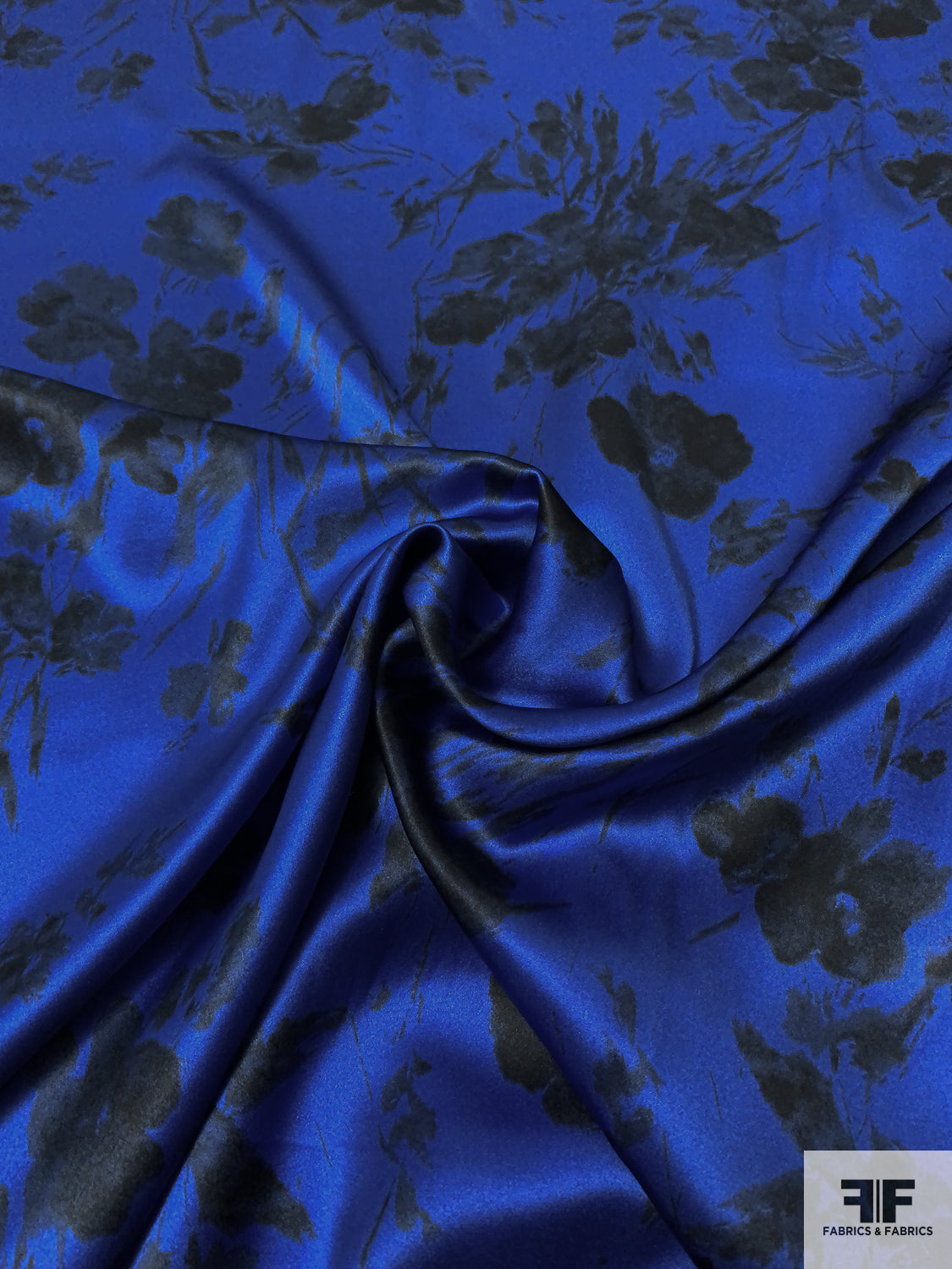 Romantic Floral Printed Silk Charmeuse - Royal Blue / Black