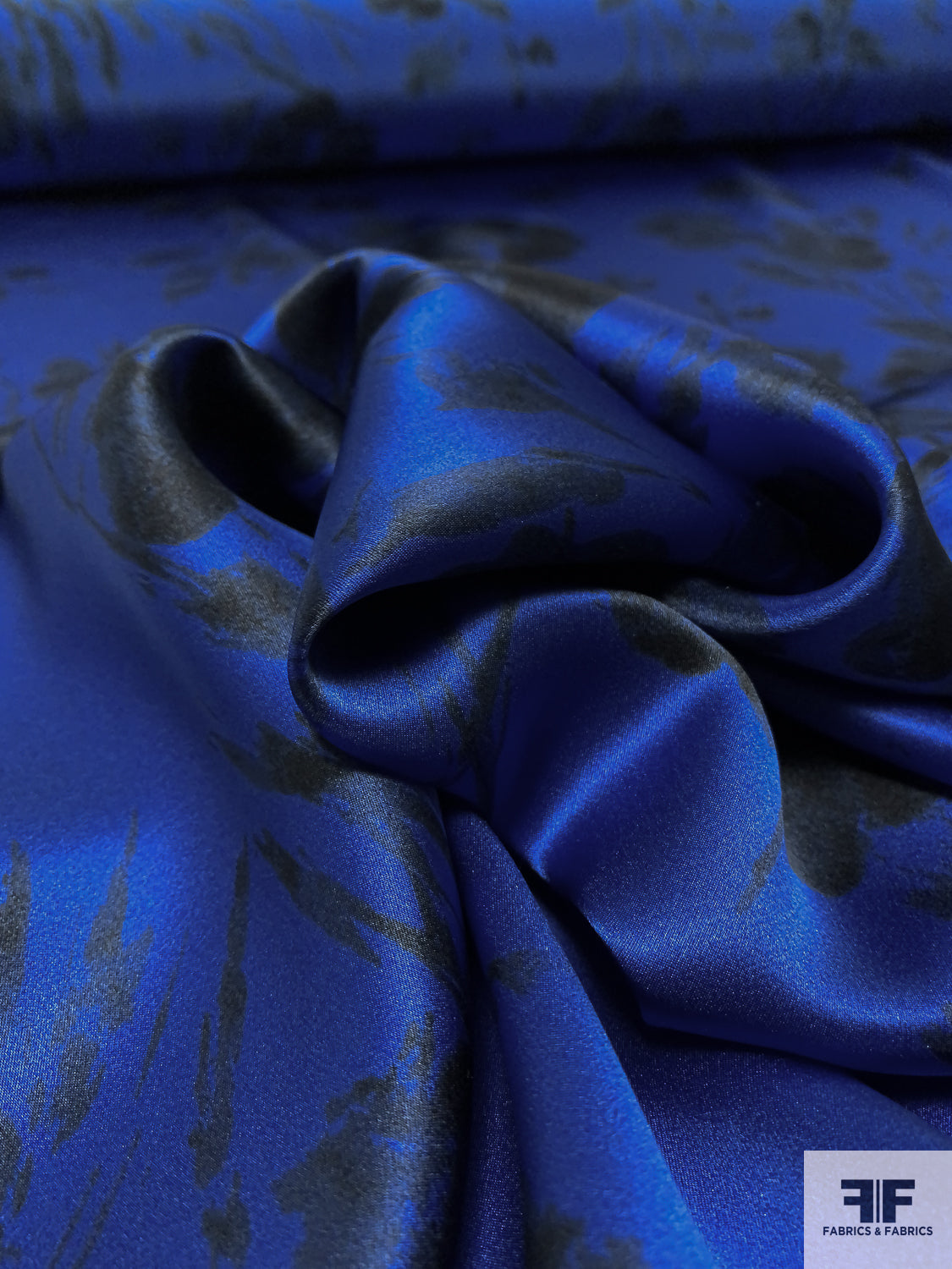 Romantic Floral Printed Silk Charmeuse - Royal Blue / Black