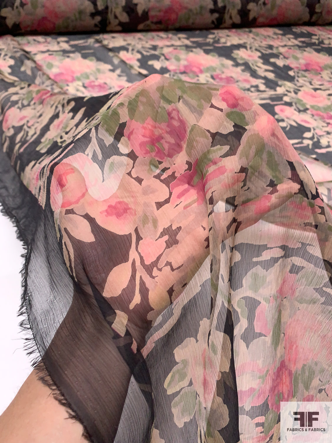 Italian Ralph Lauren Floral Printed Crinkled Silk Chiffon - Nude / Pinks / Green / Black