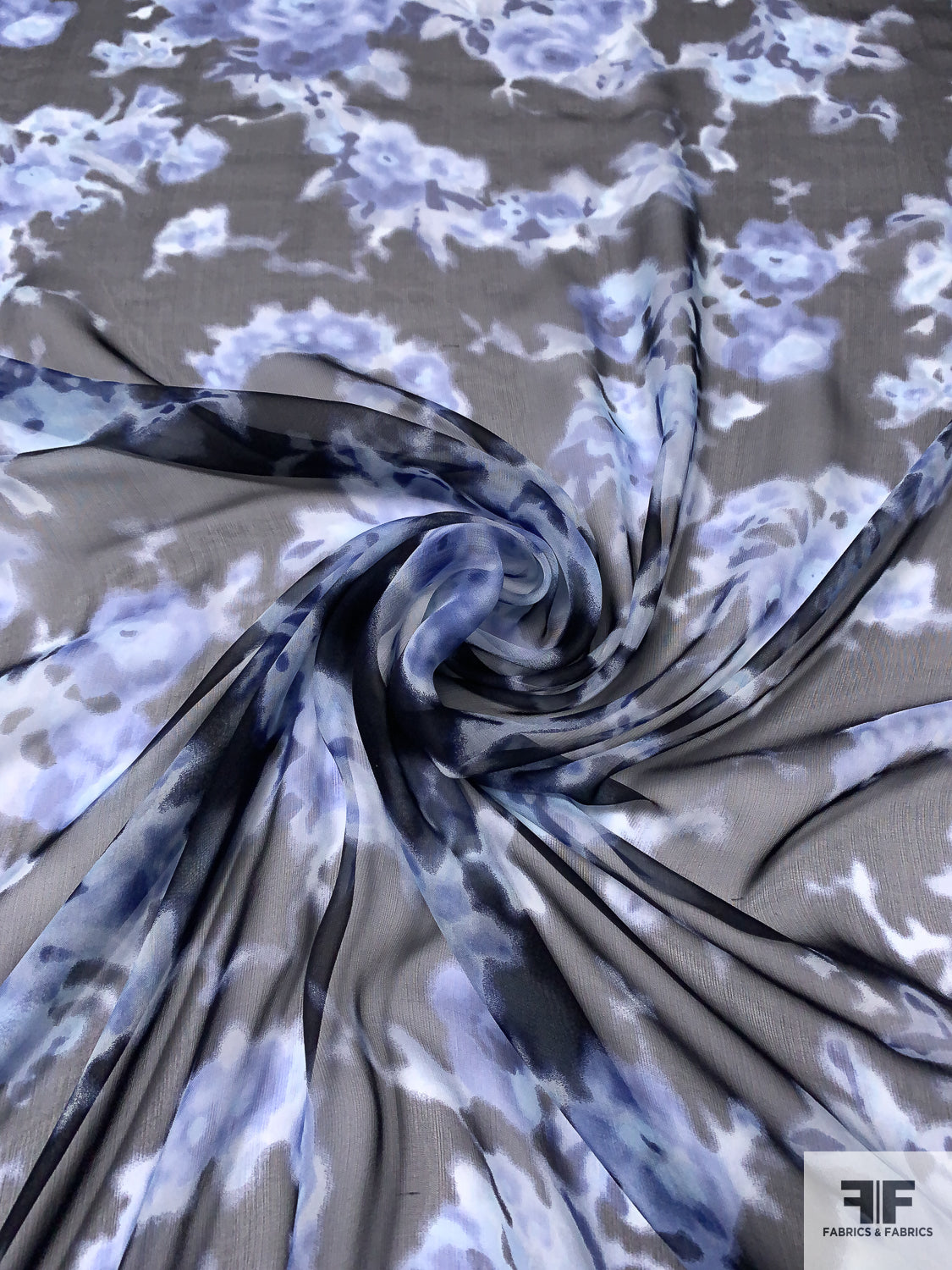 Italian Vera Wang Hazy Floral Printed Fine Silk Chiffon - Blue/Sky Grey/Black | FABRICS & FABRICS Fabrics & Fabrics Italian Vera Wang Hazy Floral Printed Fine Silk Chiffon - Blue/Sky Grey/Black | FABRICS & FABRICS Fabrics & Fabrics