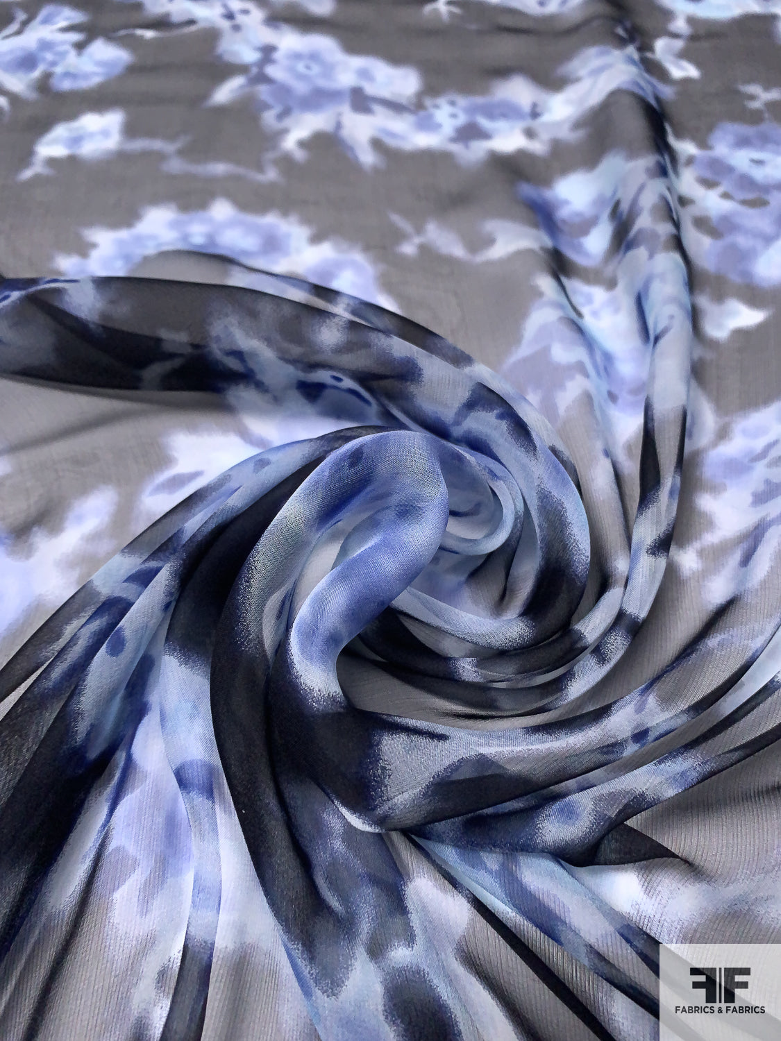 Italian Vera Wang Hazy Floral Printed Fine Silk Chiffon - Blue / Sky Grey / Black