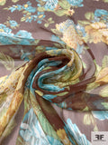 Italian Floral Printed Fine Crinkled Silk Chiffon - Brown / Turquoise / Yellow / Green