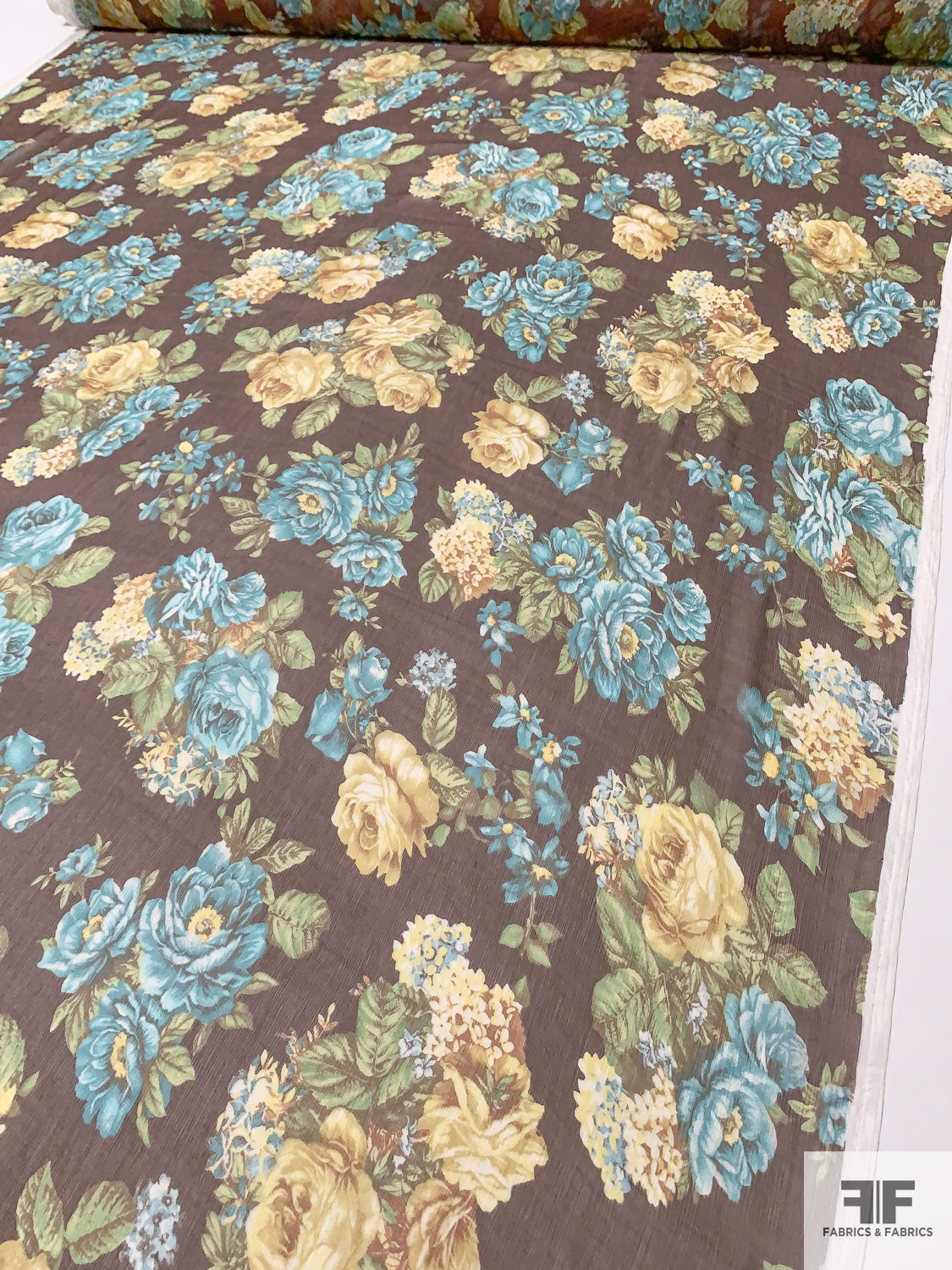 Italian Floral Printed Fine Crinkled Silk Chiffon - Brown / Turquoise / Yellow / Green