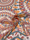 Ethno-Geometric Circle Pattern Printed Crinkled Silk Chiffon Panel - Marigold / Burnt Orange / Blue / Brown