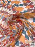 Ethno-Geometric Circle Pattern Printed Crinkled Silk Chiffon Panel - Marigold / Burnt Orange / Blue / Brown