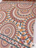 Ethno-Geometric Circle Pattern Printed Crinkled Silk Chiffon Panel - Marigold / Burnt Orange / Blue / Brown