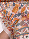 Ethno-Geometric Circle Pattern Printed Crinkled Silk Chiffon Panel - Marigold / Burnt Orange / Blue / Brown