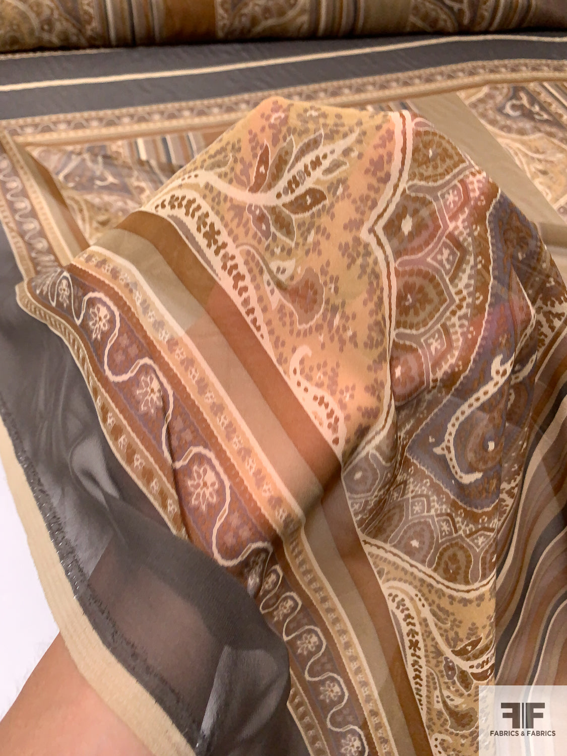Paisley Frames Printed Crinkled Silk Chiffon Panel - Shades of Brown / Tans