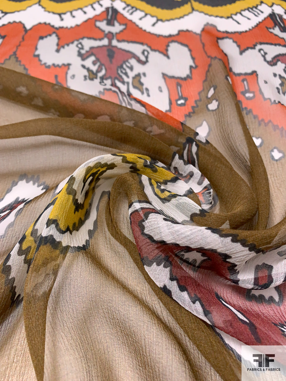 Ethnic Ikat Printed Crinkled Silk Chiffon Panel - Peanut Brown / Orange / Yellow / Off-White