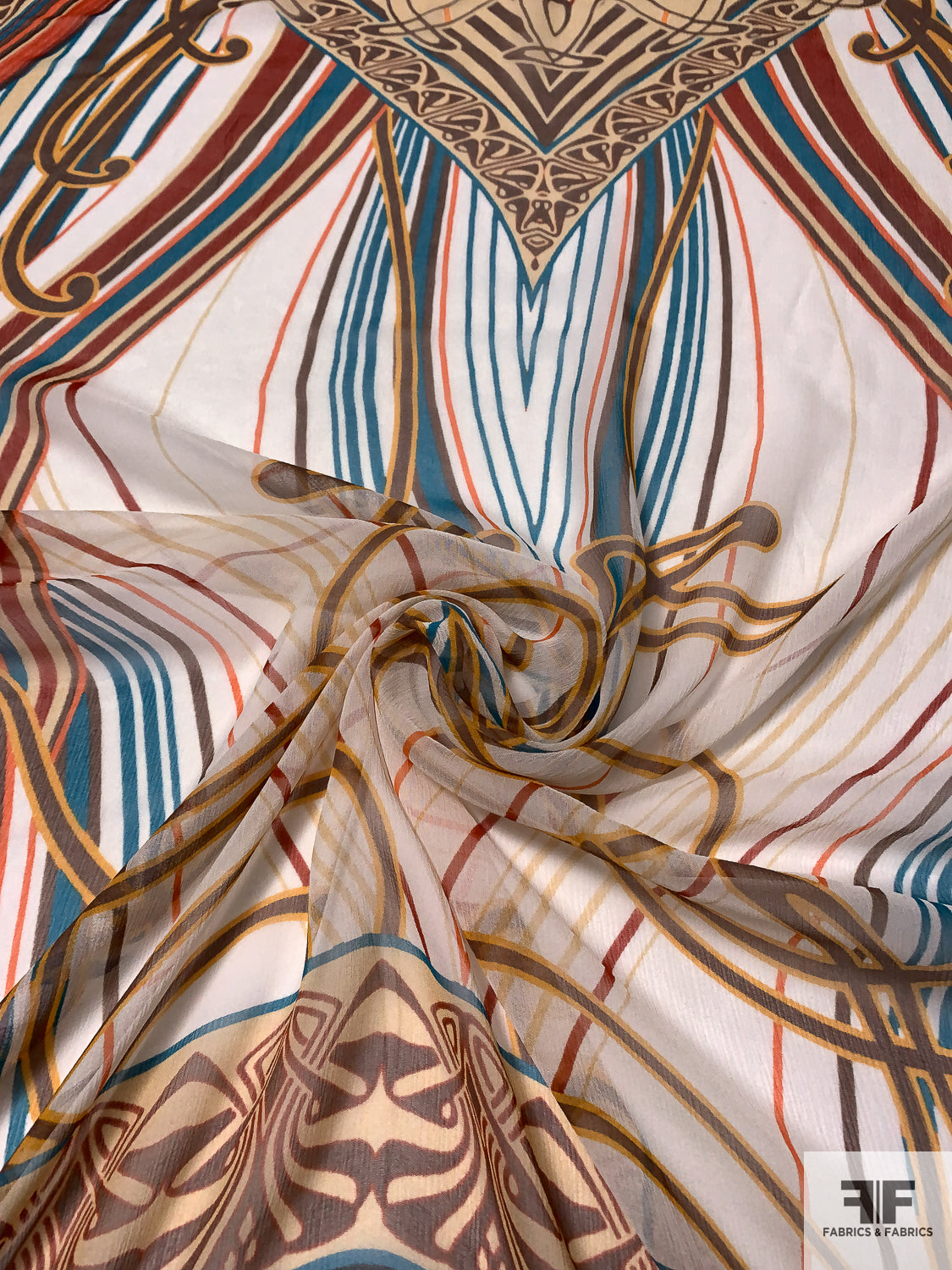 Exotic Printed Slightly Crinkled Silk Chiffon Panel - Cream / Turquoise / Brown / Black / Off-White
