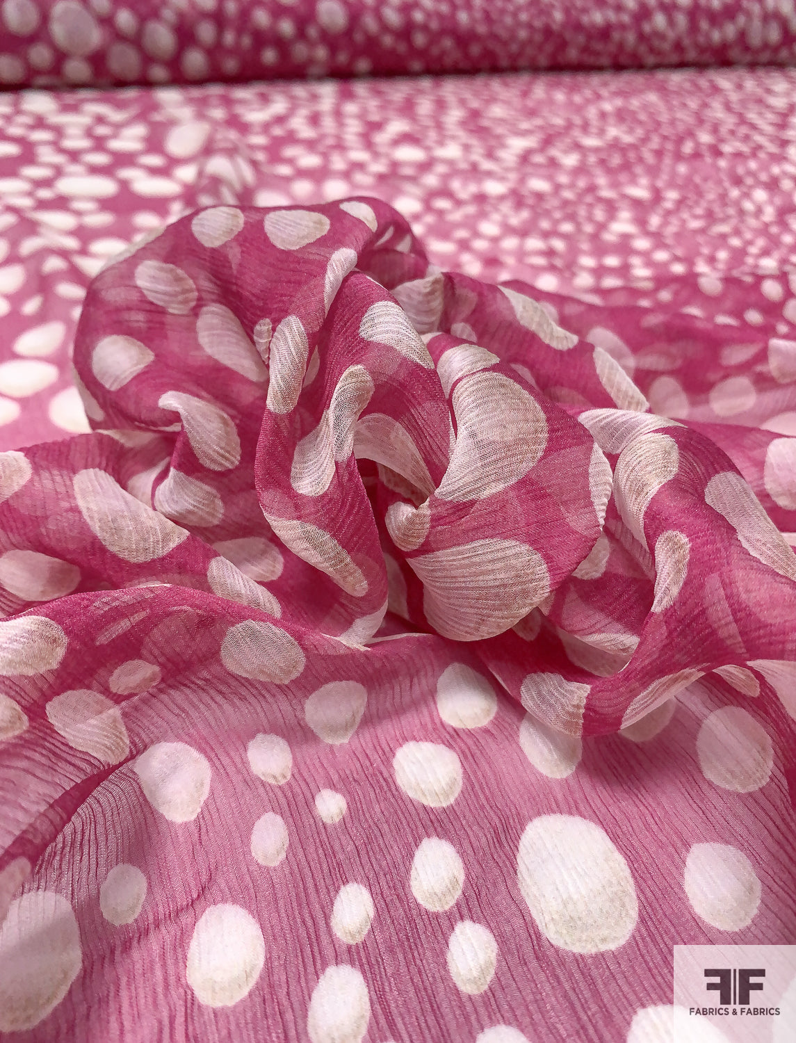 Bubble Circles and Border Printed Crinkled Silk Chiffon - Magenta / Off-White / Tan