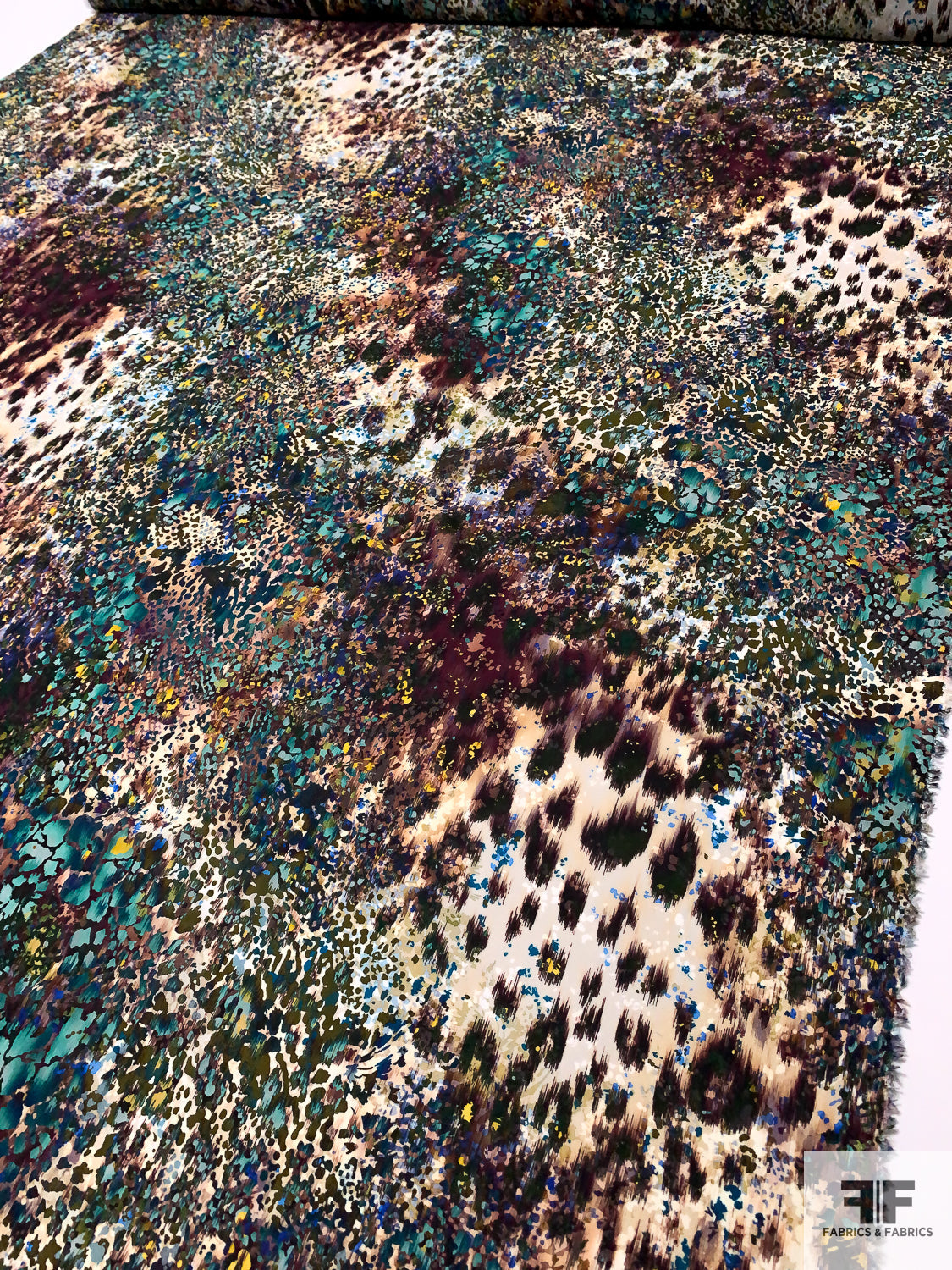 Italian Abstract Animal Pattern Printed Silk Georgette - Ocean Green / Browns/ Beige