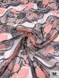 Wavy Lacey Floral Silhoutte Printed Crinkled Silk Chiffon - Salmon Pink / Black / Tan / Off-Whtie
