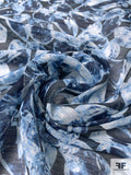 Italian Floral Crystals Printed Linen-Like Silk Gauze - Navy / Blue / Off-White