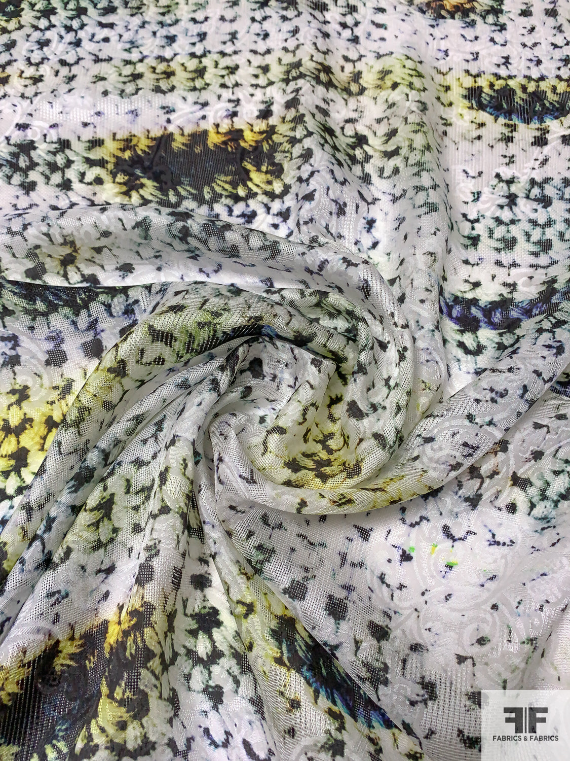 Abstract Printed Soft Gazar-Weave Jacquard Silk - Off-White / Black / Green / Yellow / Blue